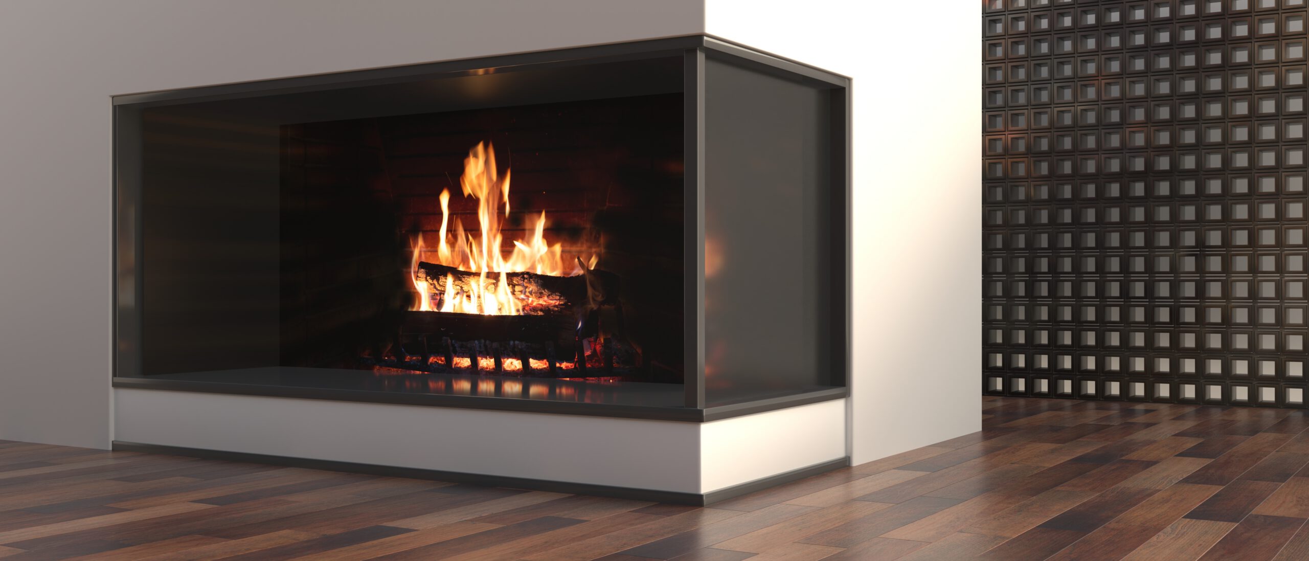 Burning fire in a modern minimal house interior. Energy fireplace radiates heat, warm house in winter, Flames and firewood behind glass, wooden floor. 3d illustration